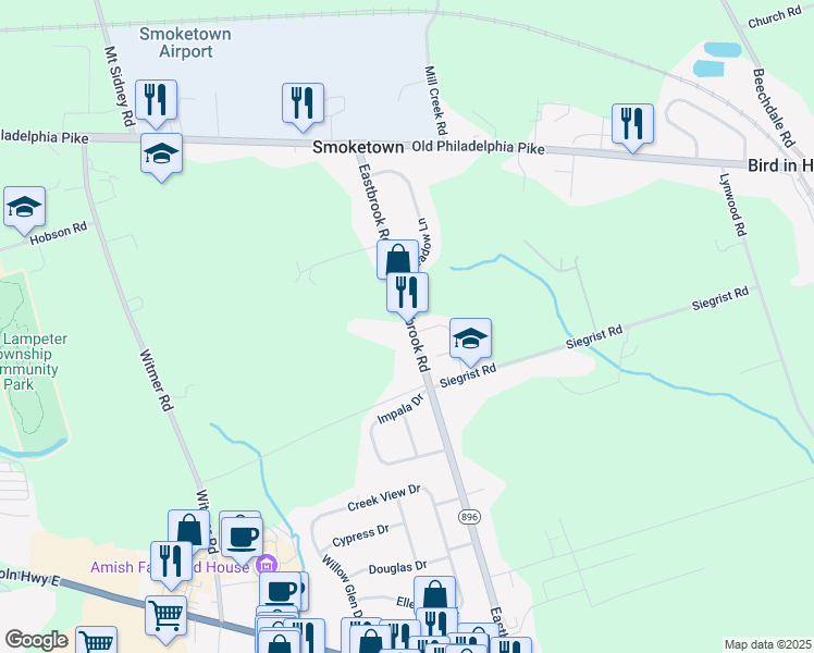 map of restaurants, bars, coffee shops, grocery stores, and more near 150 Eastbrook Road in Smoketown