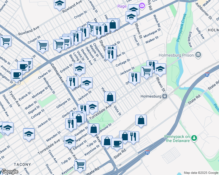 map of restaurants, bars, coffee shops, grocery stores, and more near 4533 Shelmire Avenue in Philadelphia
