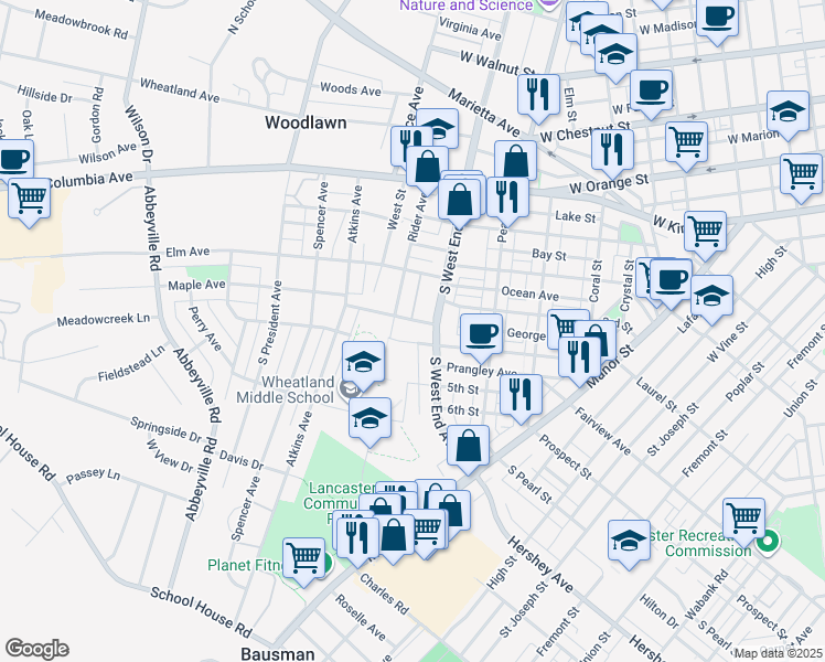 map of restaurants, bars, coffee shops, grocery stores, and more near 340 South West End Avenue in Lancaster