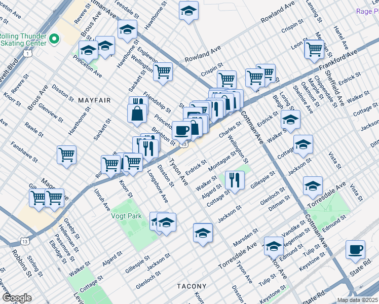 map of restaurants, bars, coffee shops, grocery stores, and more near 7048 Charles Street in Philadelphia