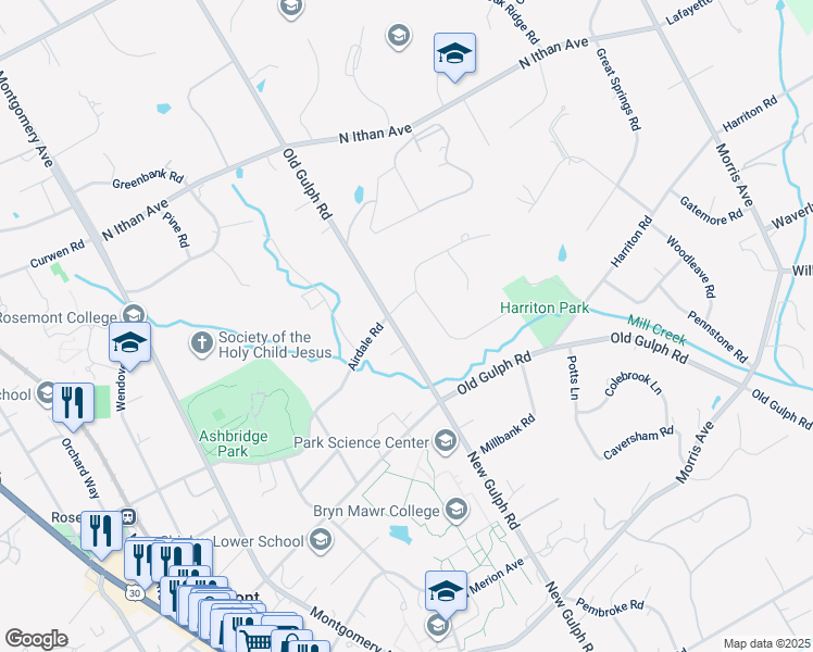 map of restaurants, bars, coffee shops, grocery stores, and more near 1035 Old Gulph Road in Bryn Mawr