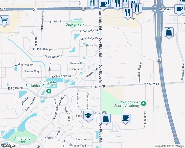 map of restaurants, bars, coffee shops, grocery stores, and more near 17011 Mapleton Place in Westfield