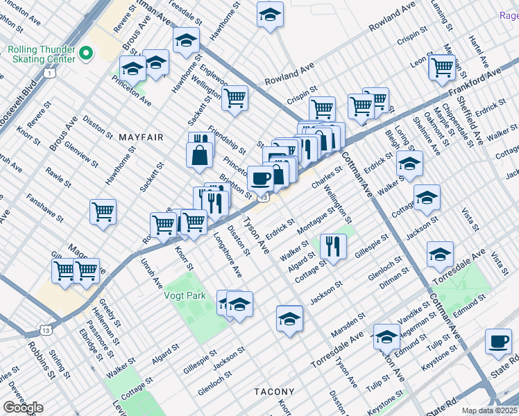 map of restaurants, bars, coffee shops, grocery stores, and more near 7037 Charles Street in Philadelphia