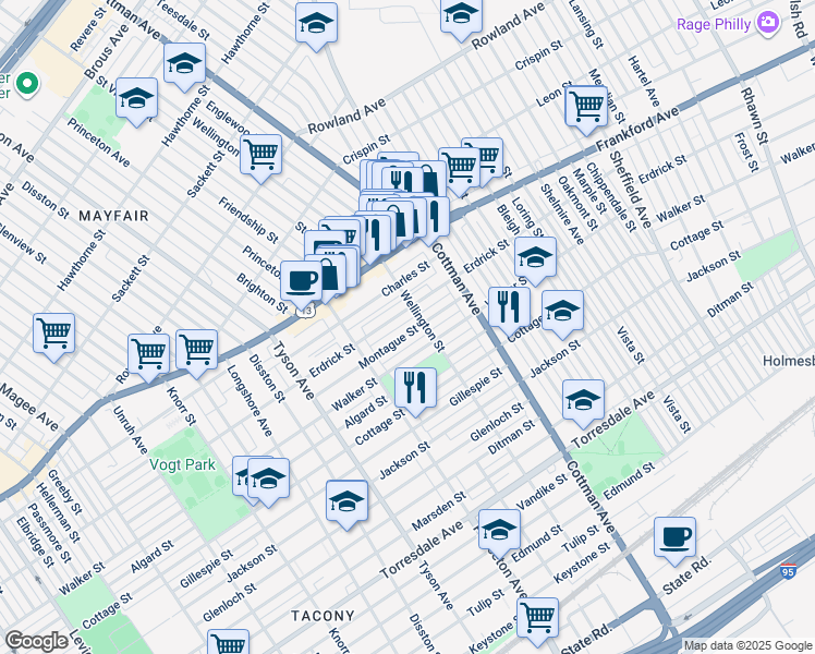 map of restaurants, bars, coffee shops, grocery stores, and more near 7144 Montague Street in Philadelphia