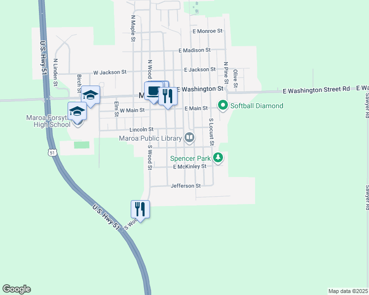 map of restaurants, bars, coffee shops, grocery stores, and more near 301 South Chestnut Street in Maroa