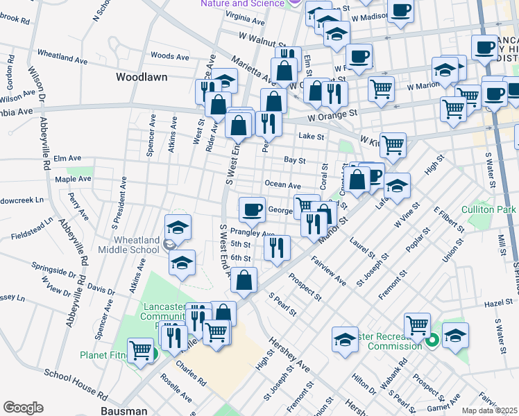 map of restaurants, bars, coffee shops, grocery stores, and more near 322 Pearl Street in Lancaster