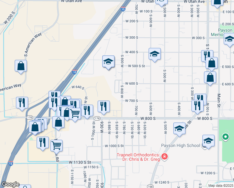 map of restaurants, bars, coffee shops, grocery stores, and more near 676 West 650 South in Payson