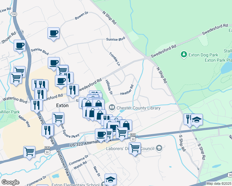 map of restaurants, bars, coffee shops, grocery stores, and more near 503 Heather Road in Exton