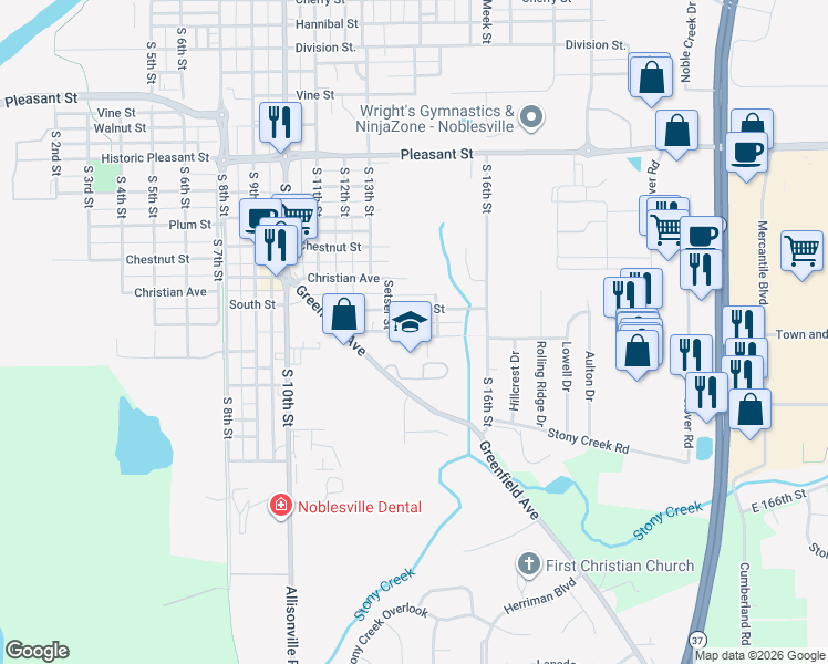 map of restaurants, bars, coffee shops, grocery stores, and more near 1408 Holland Street in Noblesville