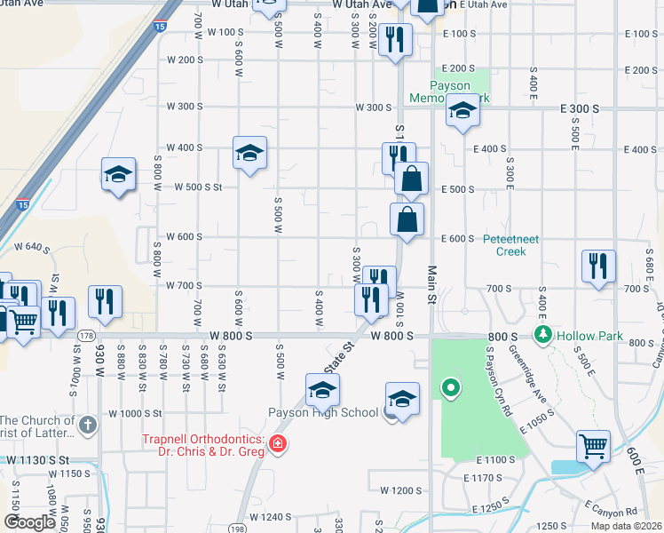 map of restaurants, bars, coffee shops, grocery stores, and more near 310 West 700 South in Payson