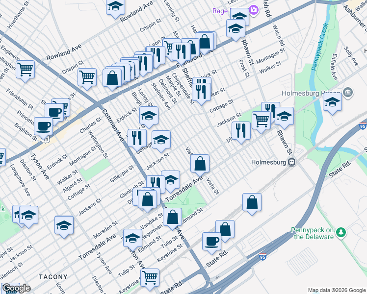 map of restaurants, bars, coffee shops, grocery stores, and more near 4524 Vista Street in Philadelphia