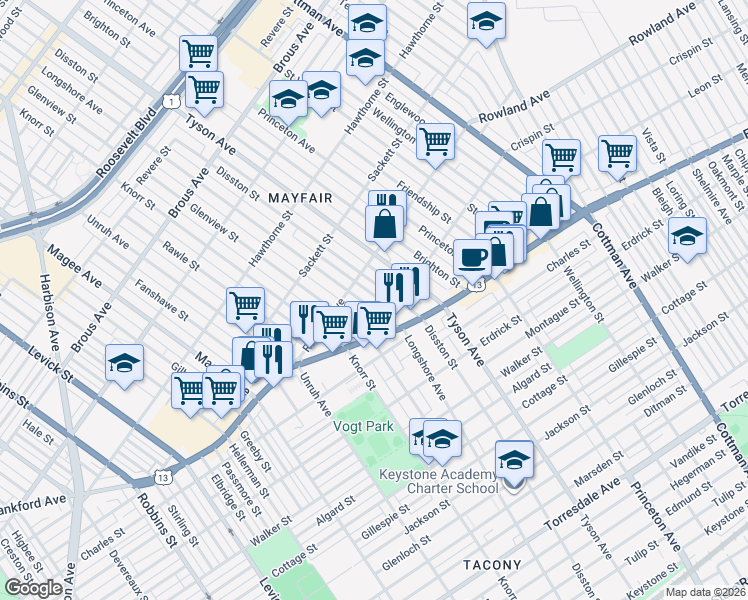 map of restaurants, bars, coffee shops, grocery stores, and more near 3351 Longshore Avenue in Philadelphia