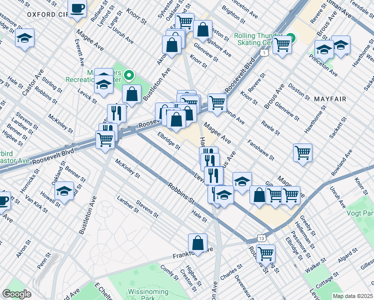 map of restaurants, bars, coffee shops, grocery stores, and more near 2715 Elbridge St in Philadelphia