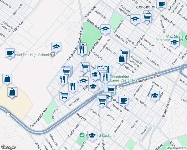 map of restaurants, bars, coffee shops, grocery stores, and more near 1205 East Cheltenham Avenue in Philadelphia