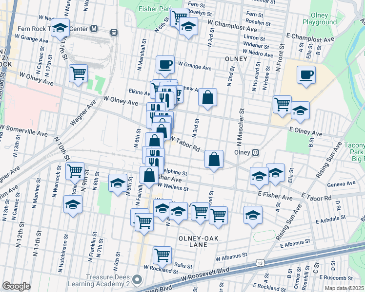 map of restaurants, bars, coffee shops, grocery stores, and more near 5411 North 4th Street in Philadelphia