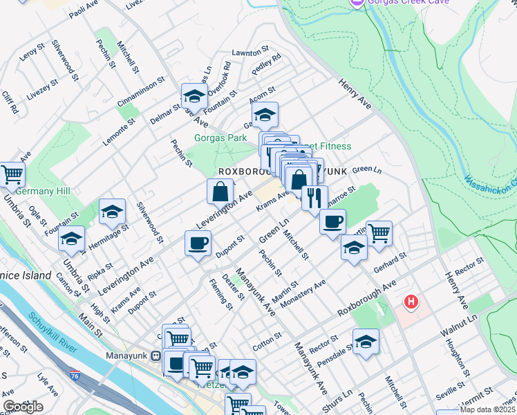 map of restaurants, bars, coffee shops, grocery stores, and more near 425 Krams Avenue in Philadelphia