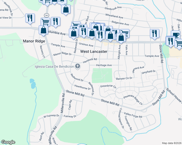 map of restaurants, bars, coffee shops, grocery stores, and more near 1719 Manor Ridge Drive in Lancaster