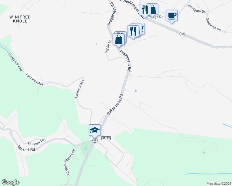 map of restaurants, bars, coffee shops, grocery stores, and more near 177 Ridgecrest Rd in Wheeling