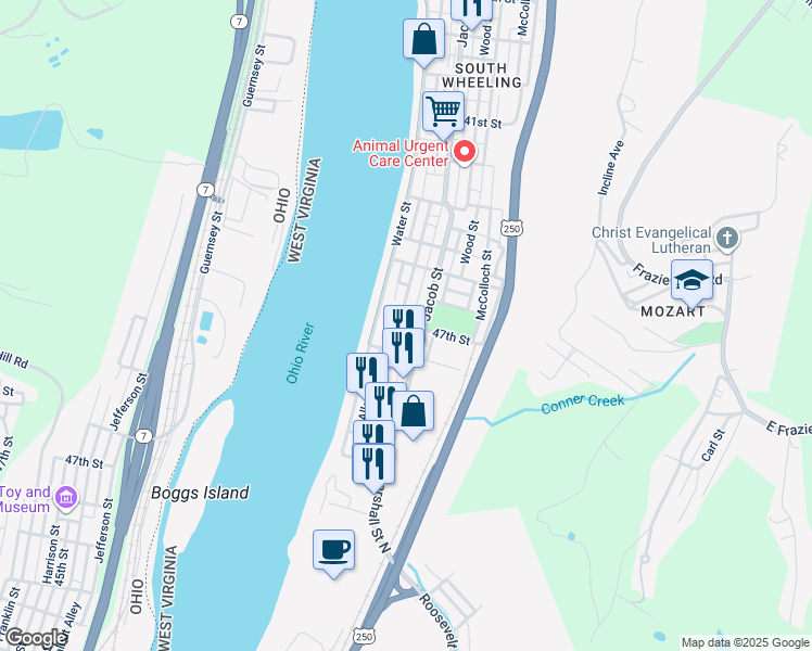 map of restaurants, bars, coffee shops, grocery stores, and more near 4717 Jacob Street in Wheeling