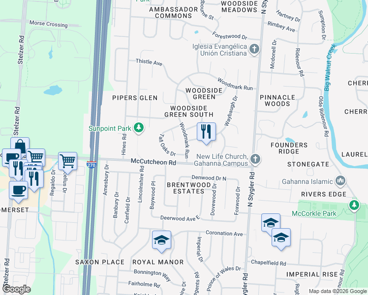 map of restaurants, bars, coffee shops, grocery stores, and more near 546 Tall Oaks Drive in Columbus
