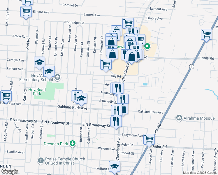 map of restaurants, bars, coffee shops, grocery stores, and more near 1804 Piedmont Road in Columbus