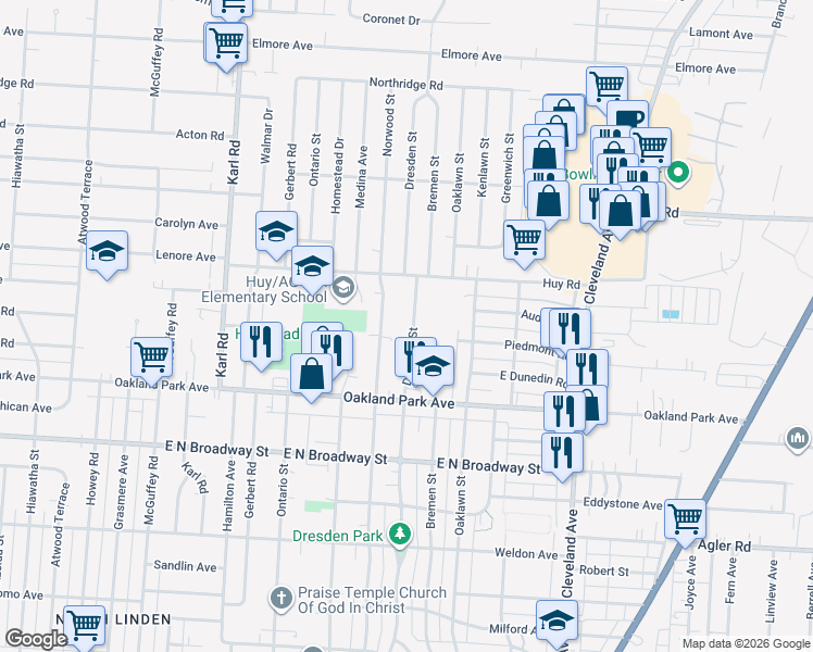 map of restaurants, bars, coffee shops, grocery stores, and more near 3269 Dresden Street in Columbus