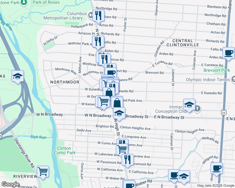 map of restaurants, bars, coffee shops, grocery stores, and more near 3502 North High Street in Columbus