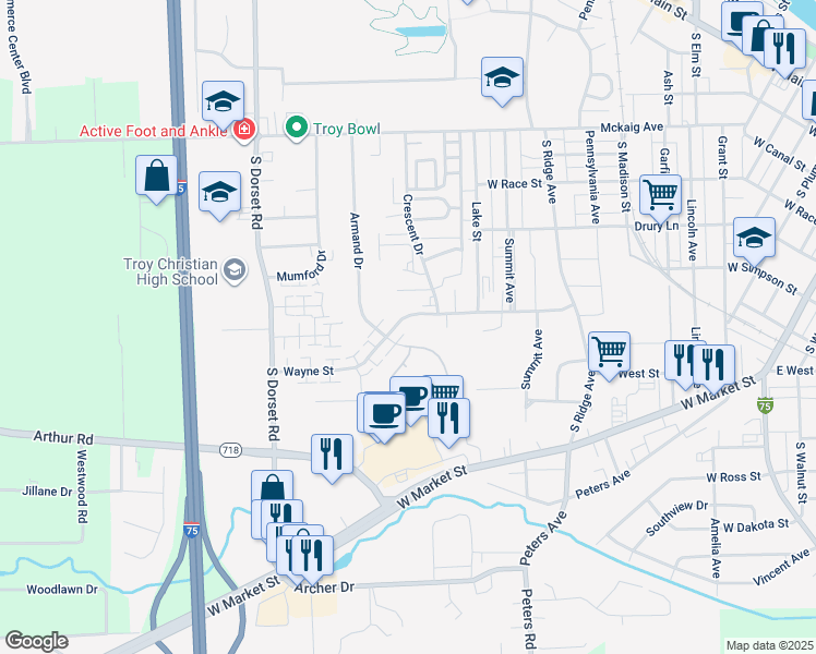 map of restaurants, bars, coffee shops, grocery stores, and more near 1306 Paul Revere Way in Troy