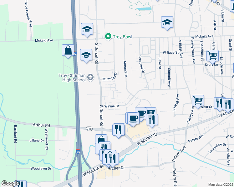 map of restaurants, bars, coffee shops, grocery stores, and more near 1550 Hawk Circle in Troy