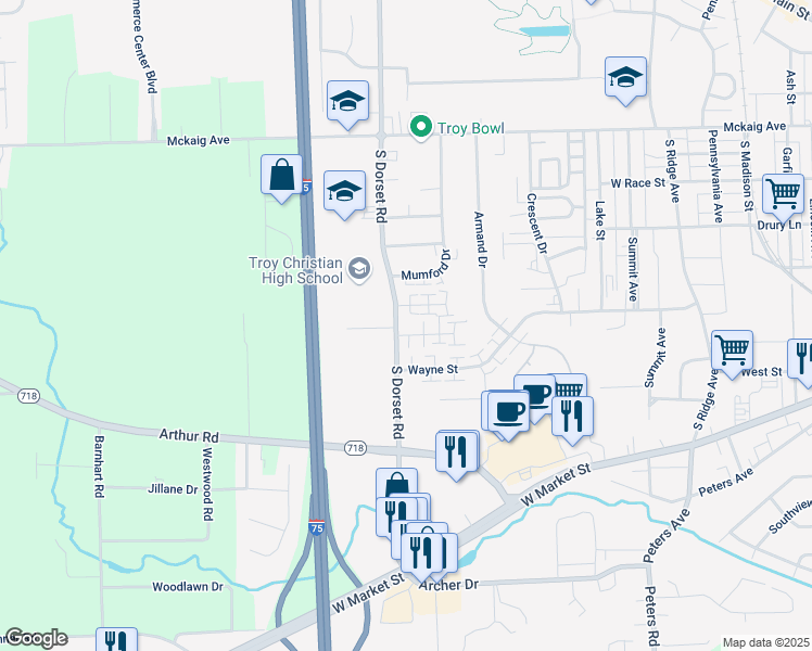 map of restaurants, bars, coffee shops, grocery stores, and more near 1590 Hawk Circle in Troy