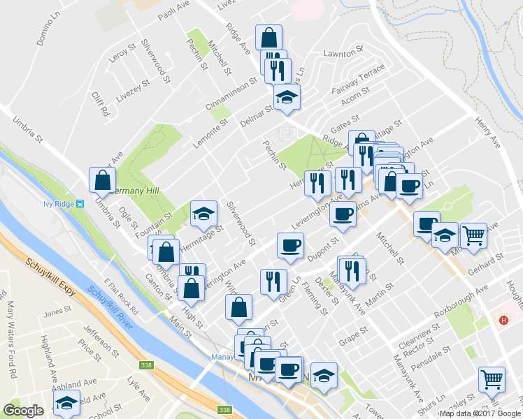 map of restaurants, bars, coffee shops, grocery stores, and more near 335 Hermitage Street in Philadelphia