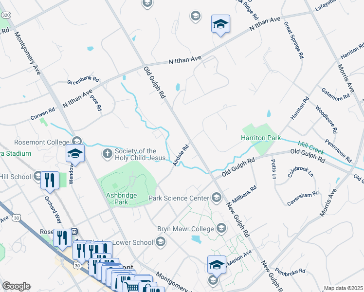 map of restaurants, bars, coffee shops, grocery stores, and more near 326 Airdale Road in Bryn Mawr