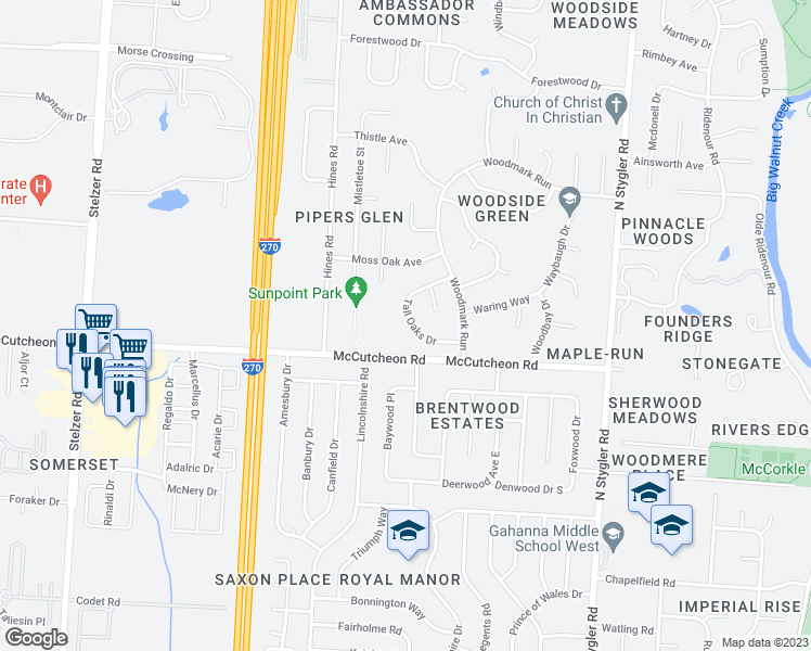 map of restaurants, bars, coffee shops, grocery stores, and more near 579 Tall Oaks Drive in Columbus