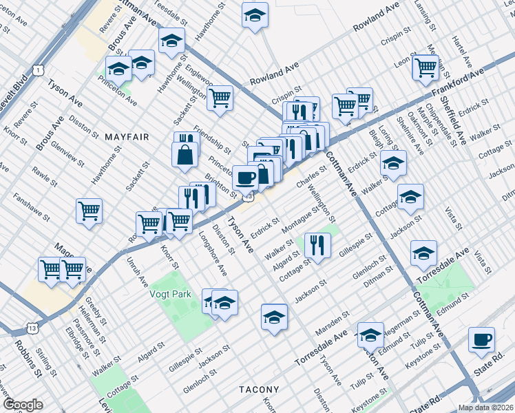 map of restaurants, bars, coffee shops, grocery stores, and more near 7037 Charles Street in Philadelphia