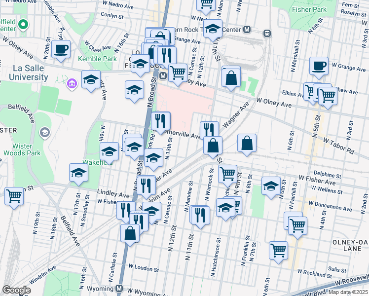map of restaurants, bars, coffee shops, grocery stores, and more near 5314 North 12th Street in Philadelphia