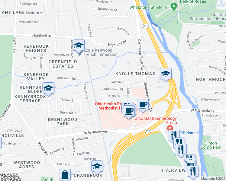 map of restaurants, bars, coffee shops, grocery stores, and more near 741 Drummond Court in Columbus