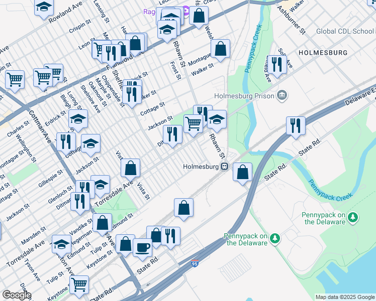 map of restaurants, bars, coffee shops, grocery stores, and more near 4711 Hartel Avenue in Philadelphia