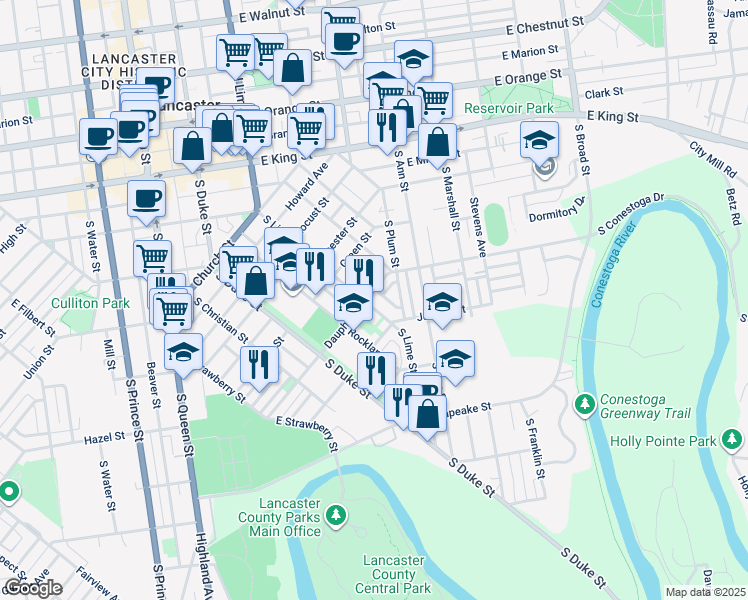 map of restaurants, bars, coffee shops, grocery stores, and more near 605 South Lime Street in Lancaster