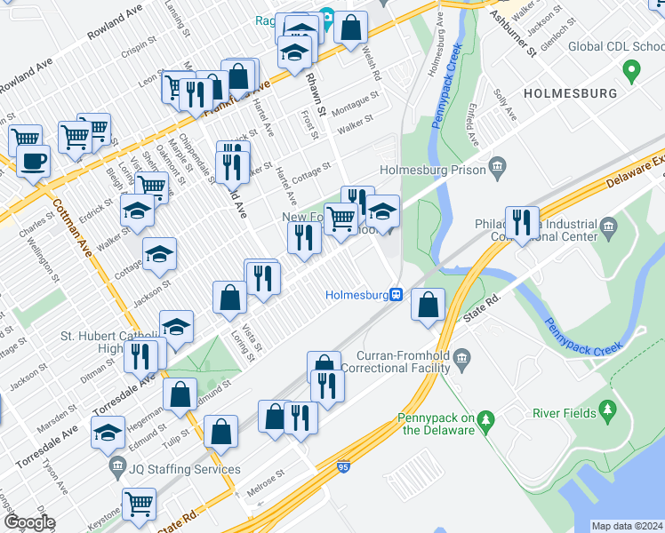 map of restaurants, bars, coffee shops, grocery stores, and more near 4711 Hartel Avenue in Philadelphia