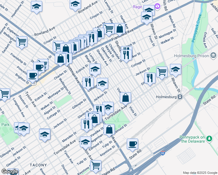 map of restaurants, bars, coffee shops, grocery stores, and more near 4433 Bleigh Avenue in Philadelphia