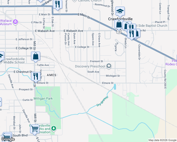 map of restaurants, bars, coffee shops, grocery stores, and more near 903 Spann Avenue in Crawfordsville