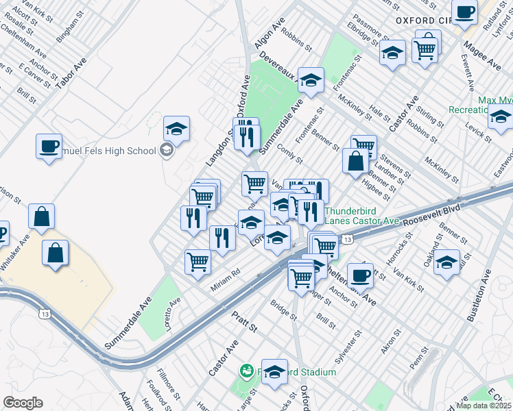 map of restaurants, bars, coffee shops, grocery stores, and more near 1205 East Cheltenham Avenue in Philadelphia