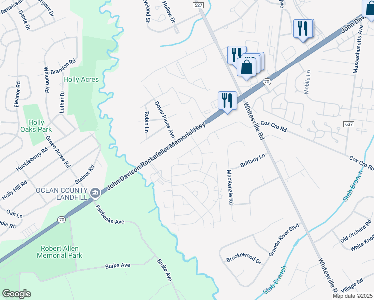 map of restaurants, bars, coffee shops, grocery stores, and more near 7 Warner Way in Toms River