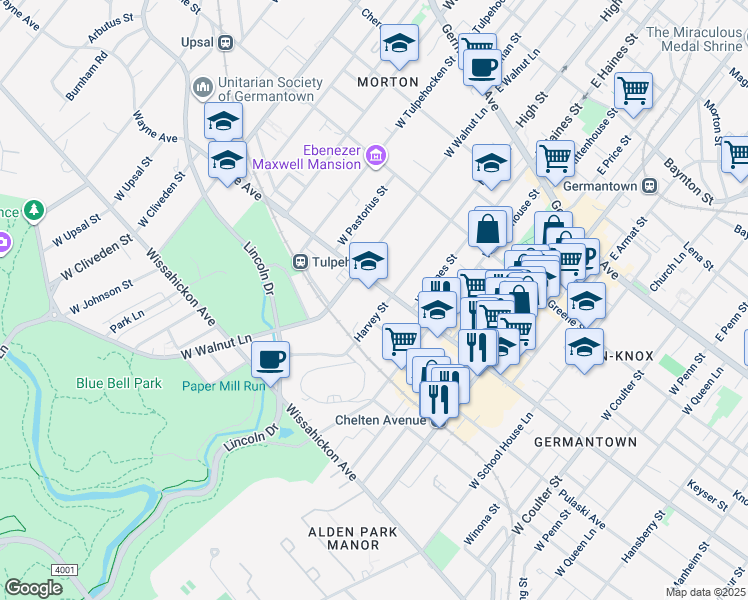 map of restaurants, bars, coffee shops, grocery stores, and more near 6002 Wayne Avenue in Philadelphia