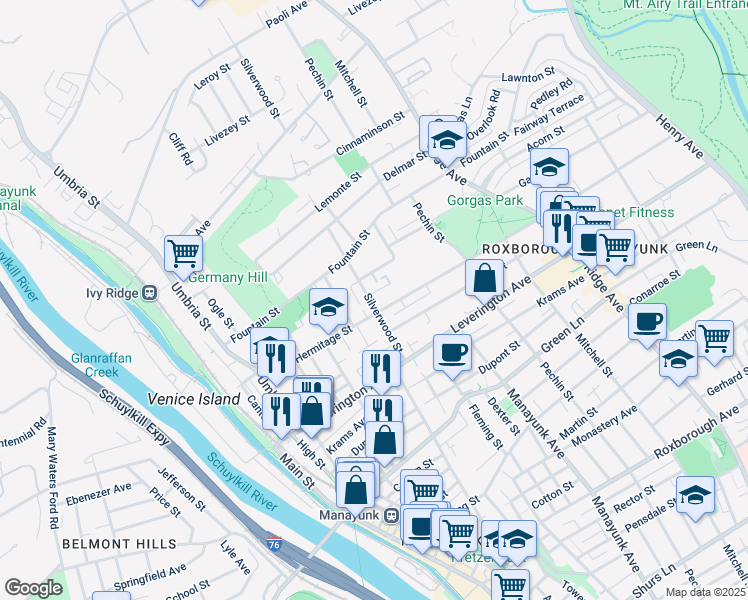 map of restaurants, bars, coffee shops, grocery stores, and more near 4721 Silverwood Street in Philadelphia