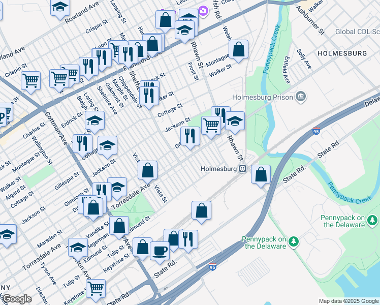 map of restaurants, bars, coffee shops, grocery stores, and more near 7730 Torresdale Avenue in Philadelphia