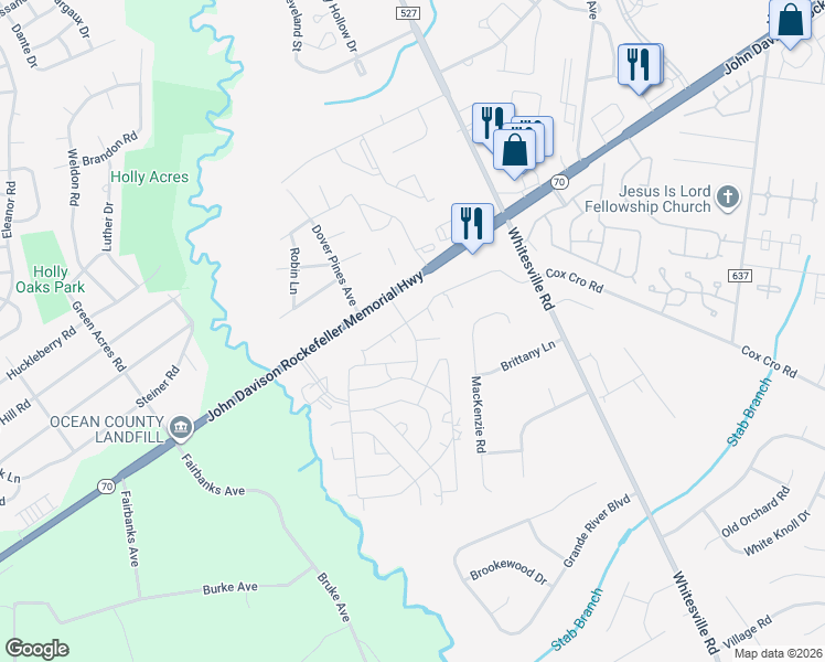 map of restaurants, bars, coffee shops, grocery stores, and more near Hearth Way in Toms River