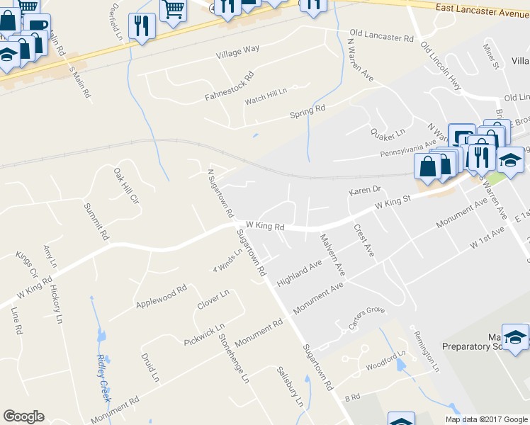 map of restaurants, bars, coffee shops, grocery stores, and more near 301 Charleston Green in Malvern