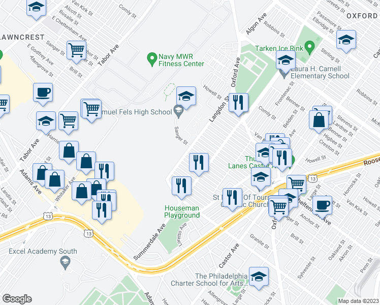 map of restaurants, bars, coffee shops, grocery stores, and more near 839 Brill Street in Philadelphia