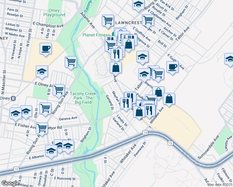 map of restaurants, bars, coffee shops, grocery stores, and more near 663 Mayfair Street in Philadelphia